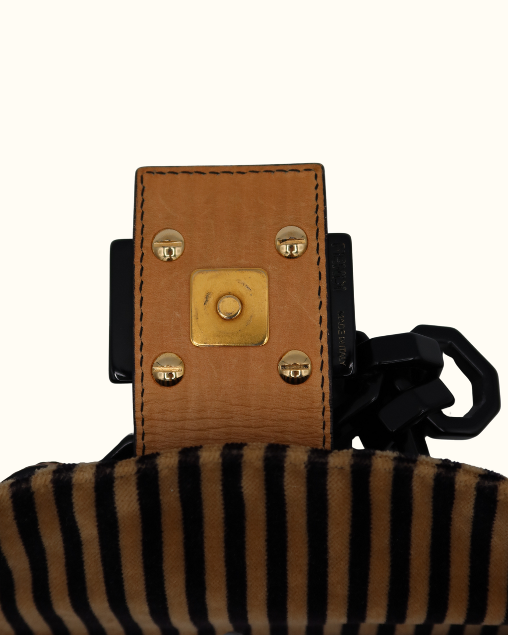 Fendi Velvet Black Beige Striped Baguette Bag
