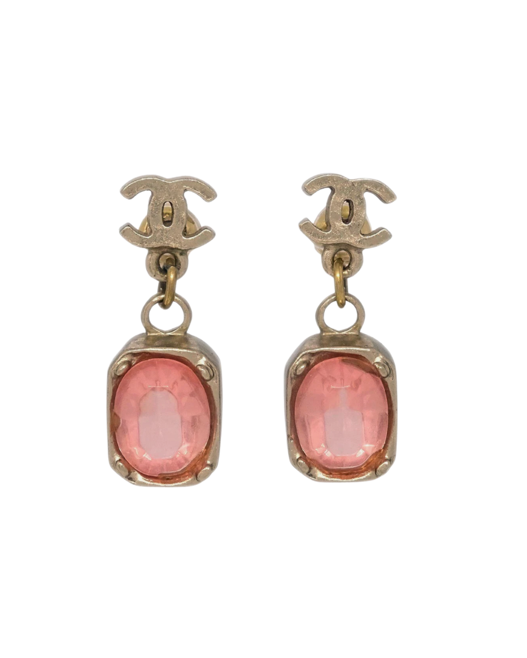 Chanel Gold CC Earrings with Pink Crystal Drop