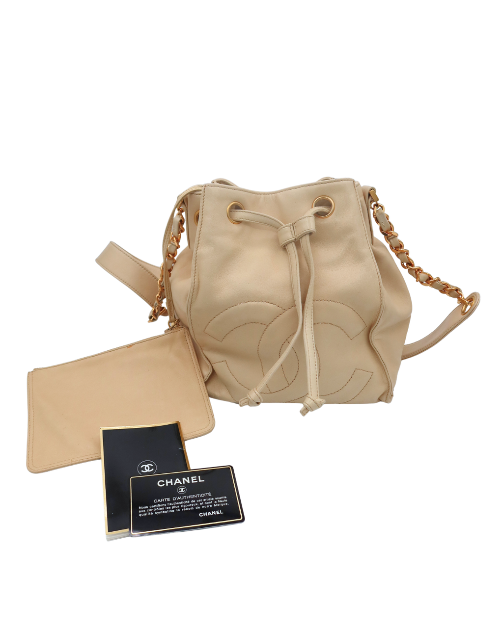 Chanel Vintage CC Drawstring Bucket Bag in Beige Lambskin Leather 1994-1996