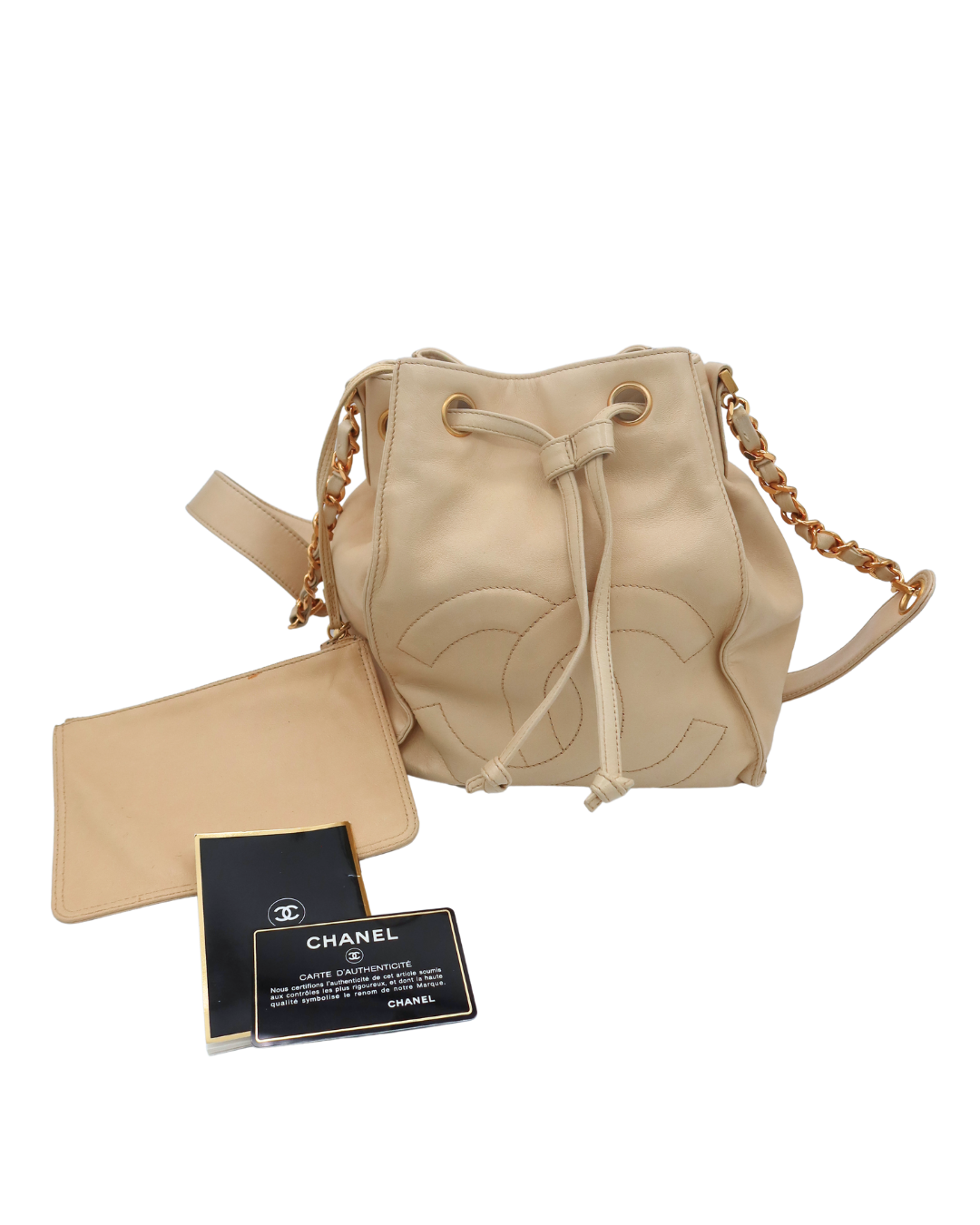 Chanel Vintage CC Drawstring Bucket Bag in Beige Lambskin Leather 1994-1996