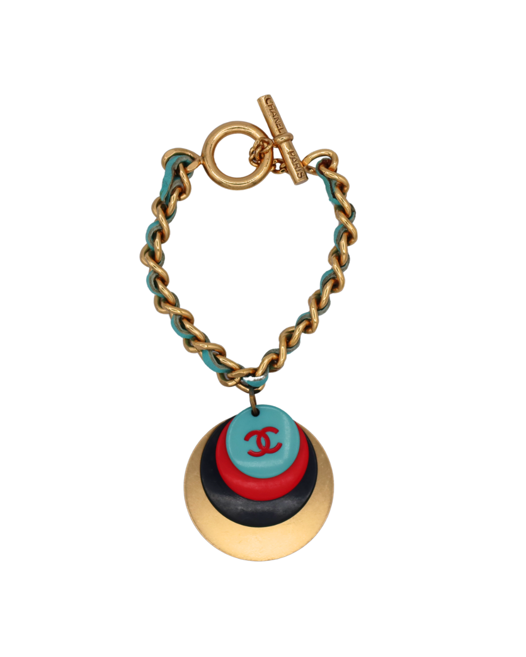 Chanel Vintage Gold Plated CC Medallion Aqua Leather Chain Bracelet