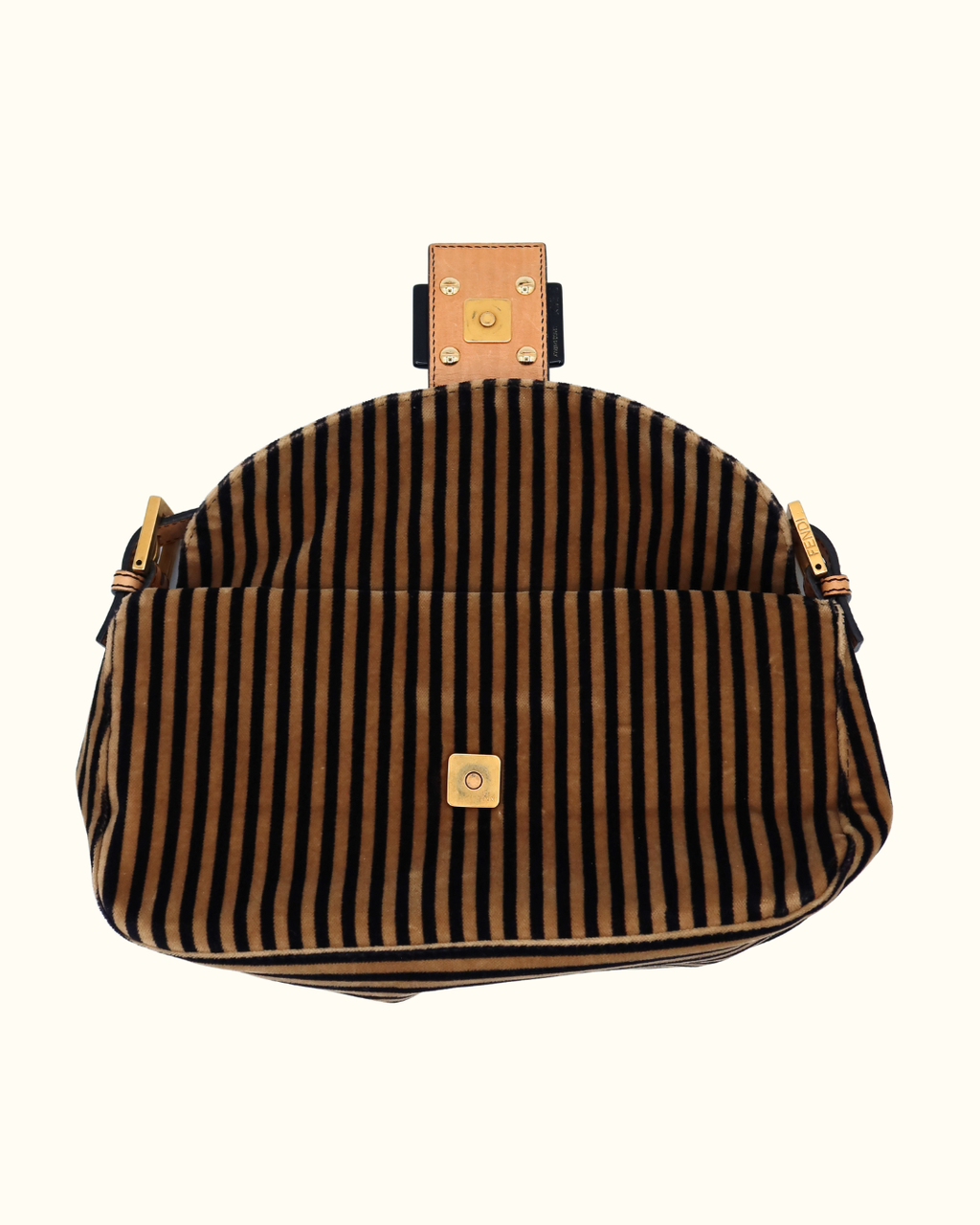 Fendi Velvet Black Beige Striped Baguette Bag