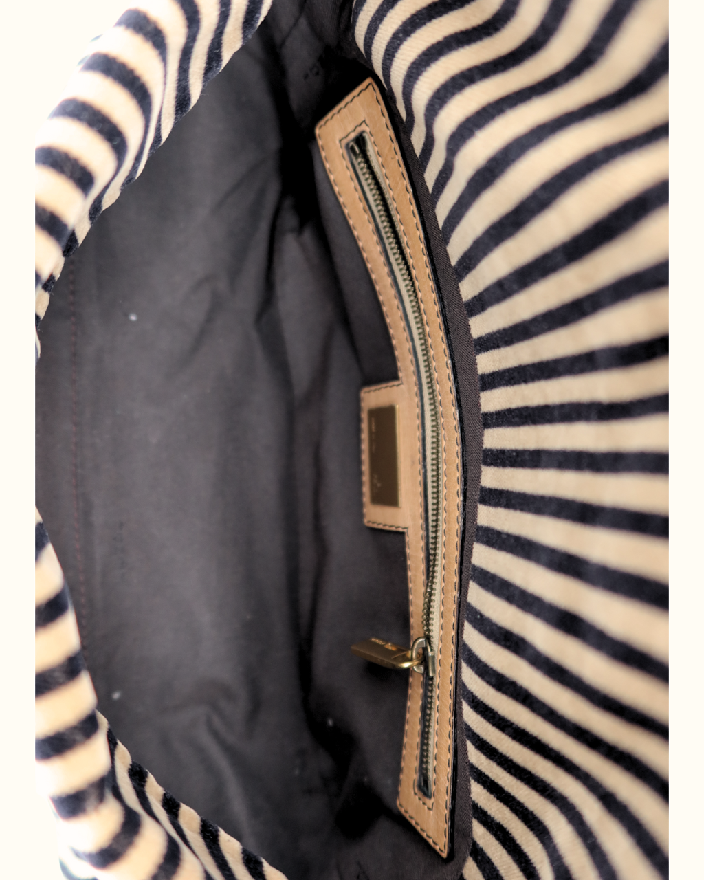 Fendi Velvet Black Beige Striped Baguette Bag