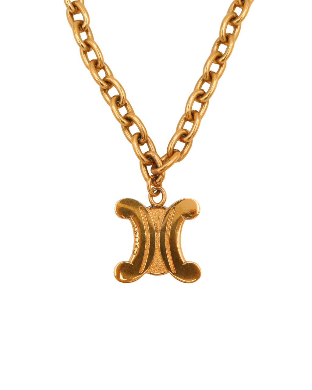 Celine Vintage Gold Tone Blazon Triomphe Logo Pendant Necklace