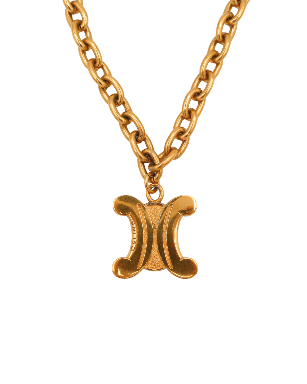 Celine Vintage Gold Tone Blazon Triomphe Logo Pendant Necklace