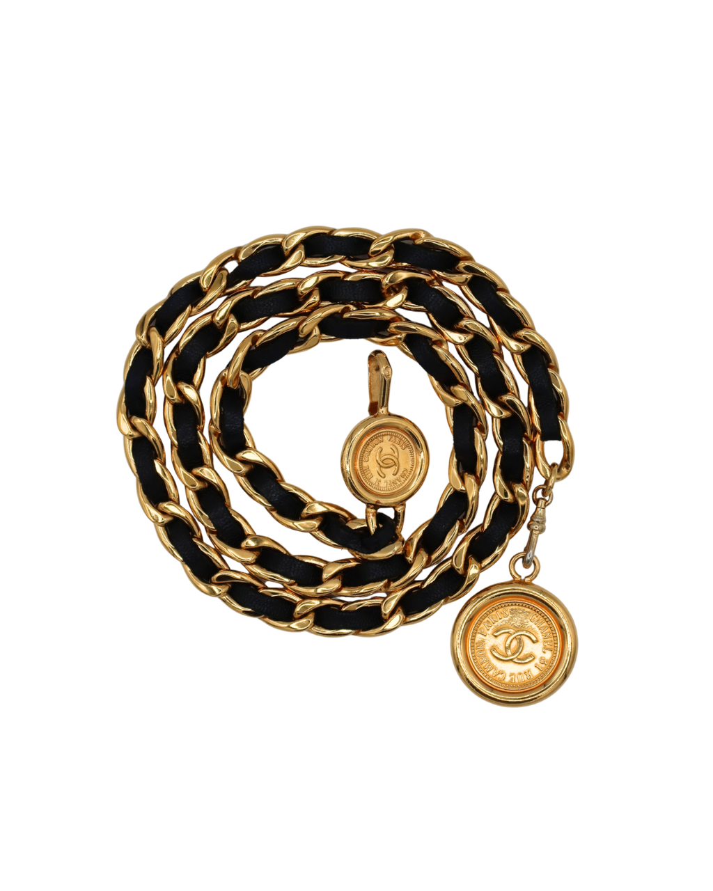 Chanel Black Leather & Gold-Tone CC Medallion Chain Belt