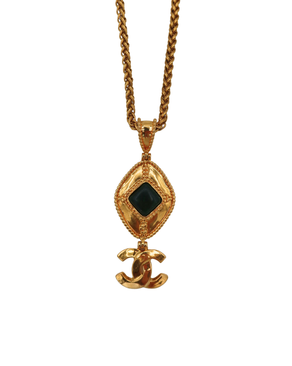 Chanel Rare Emerald Green Gripoix Stone Long Pendant Necklace 96A