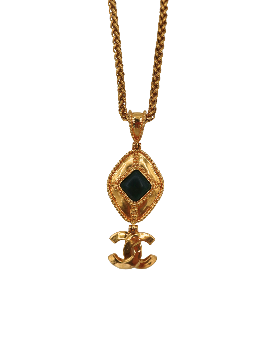Chanel Rare Emerald Green Gripoix Stone Long Pendant Necklace 96A