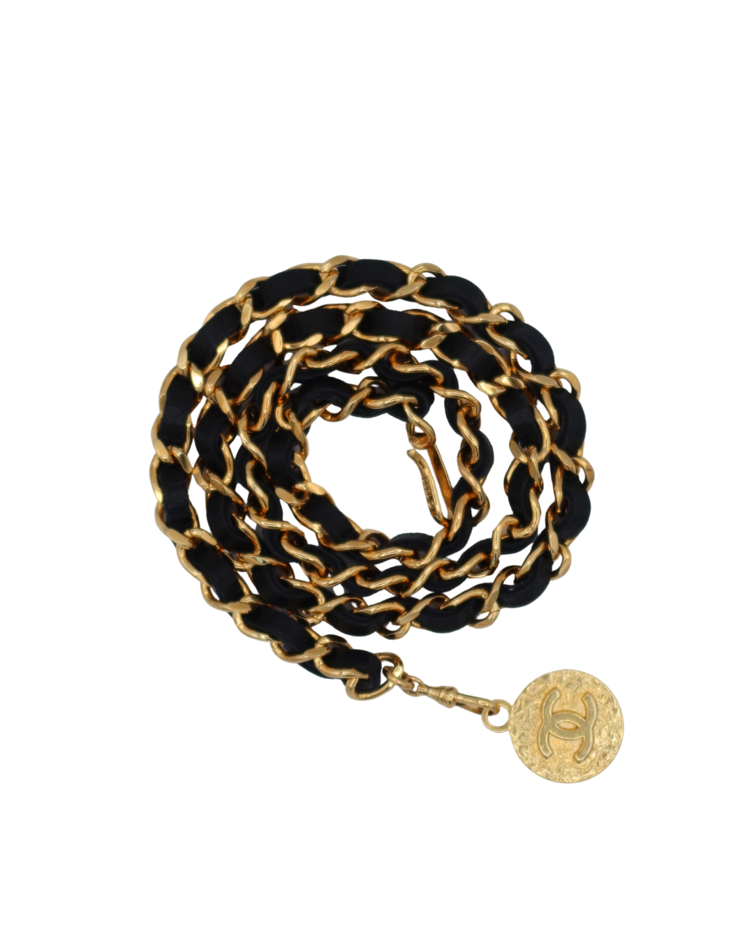 Chanel Vintage Black Leather and Gold-Tone Chain Belt