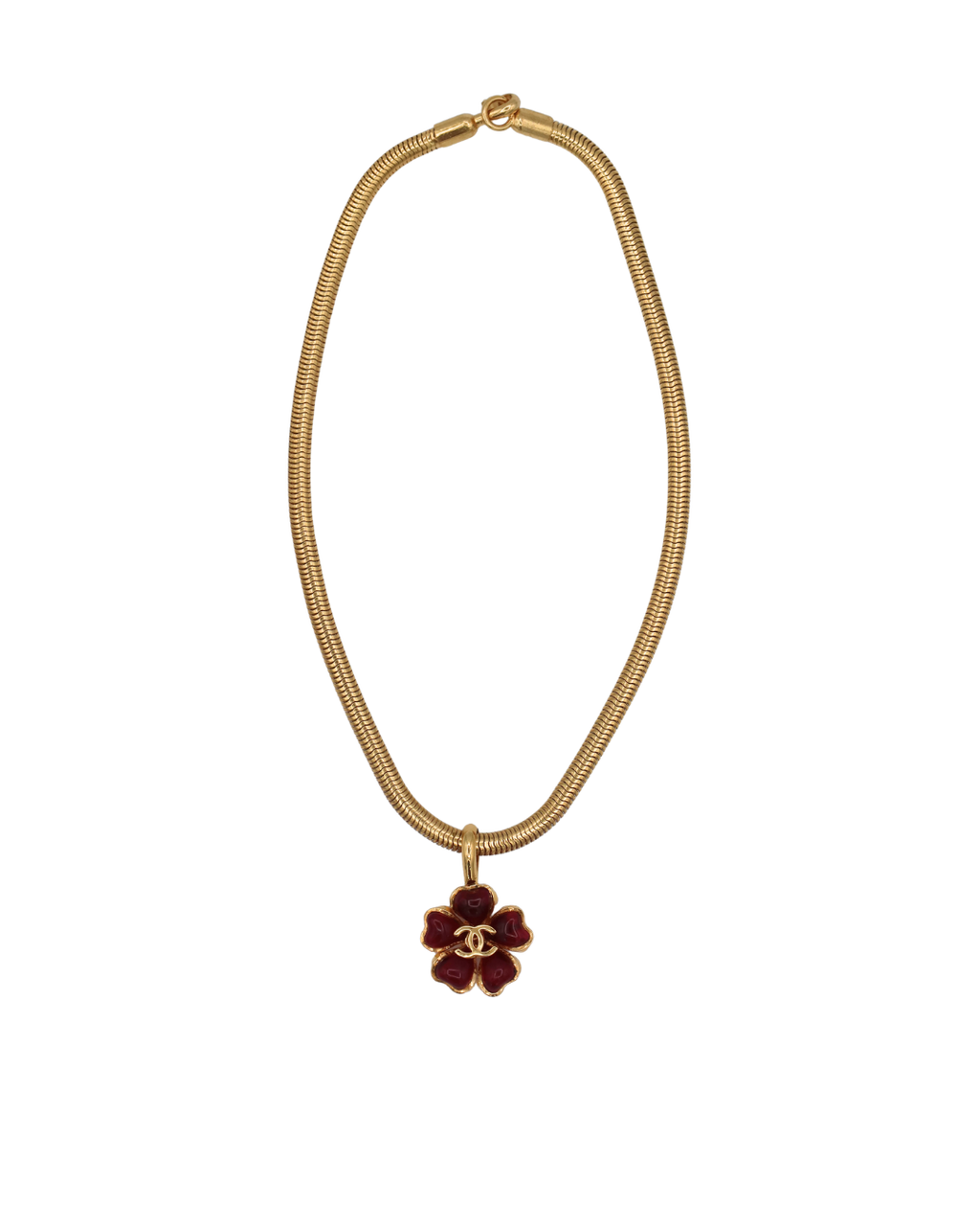 Chanel Vintage Gripoix Pink Red Camellia Gold Plated CC Logo Necklace 1997