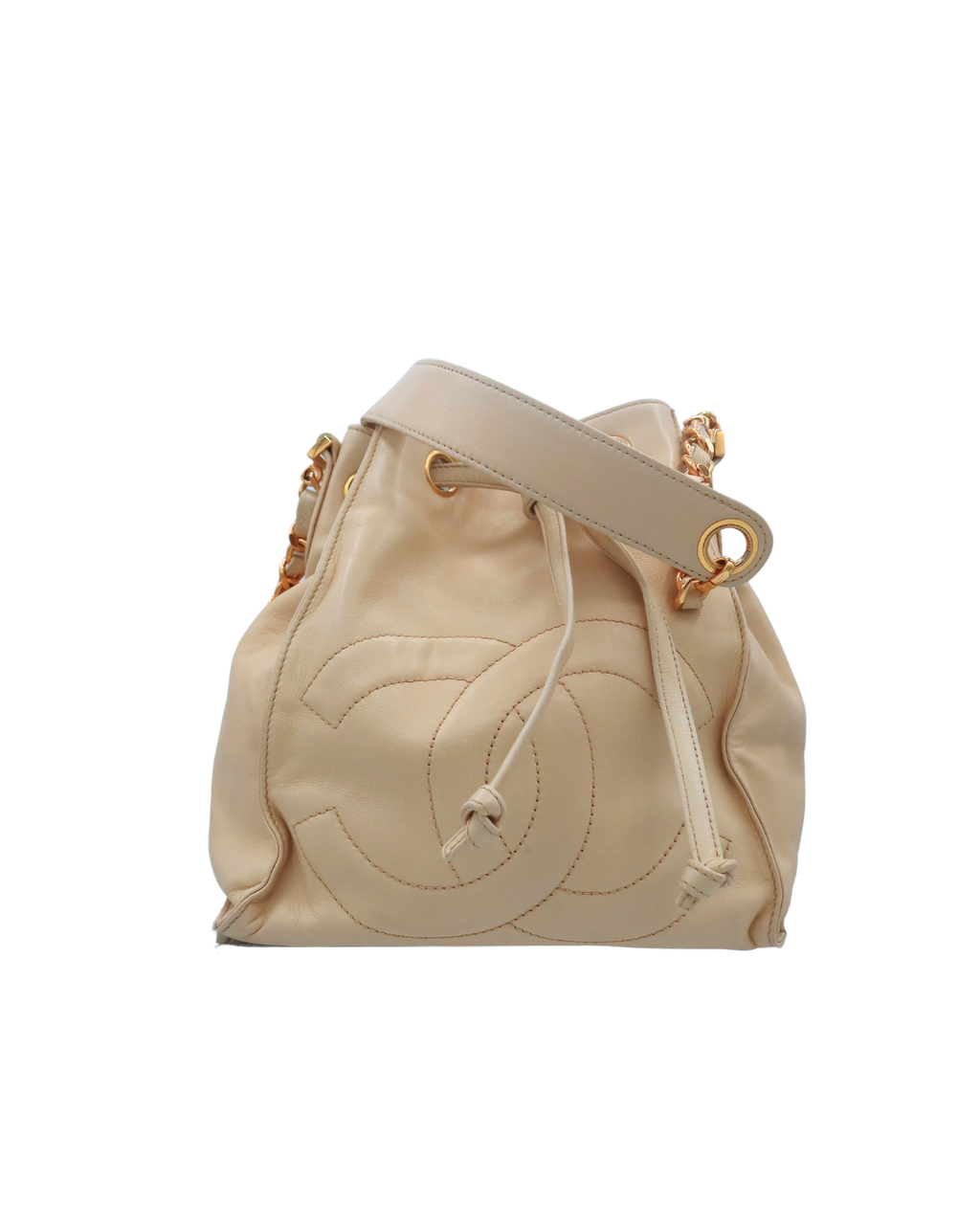 Chanel Vintage CC Drawstring Bucket Bag in Beige Lambskin Leather 1994-1996
