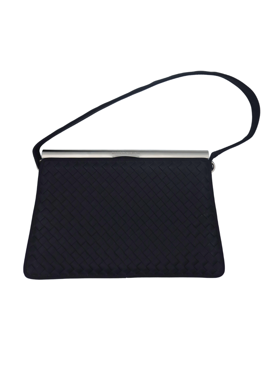 Bottega Veneta Vintage Black Intrecciato Frame Evening Bag with Silver Hardware