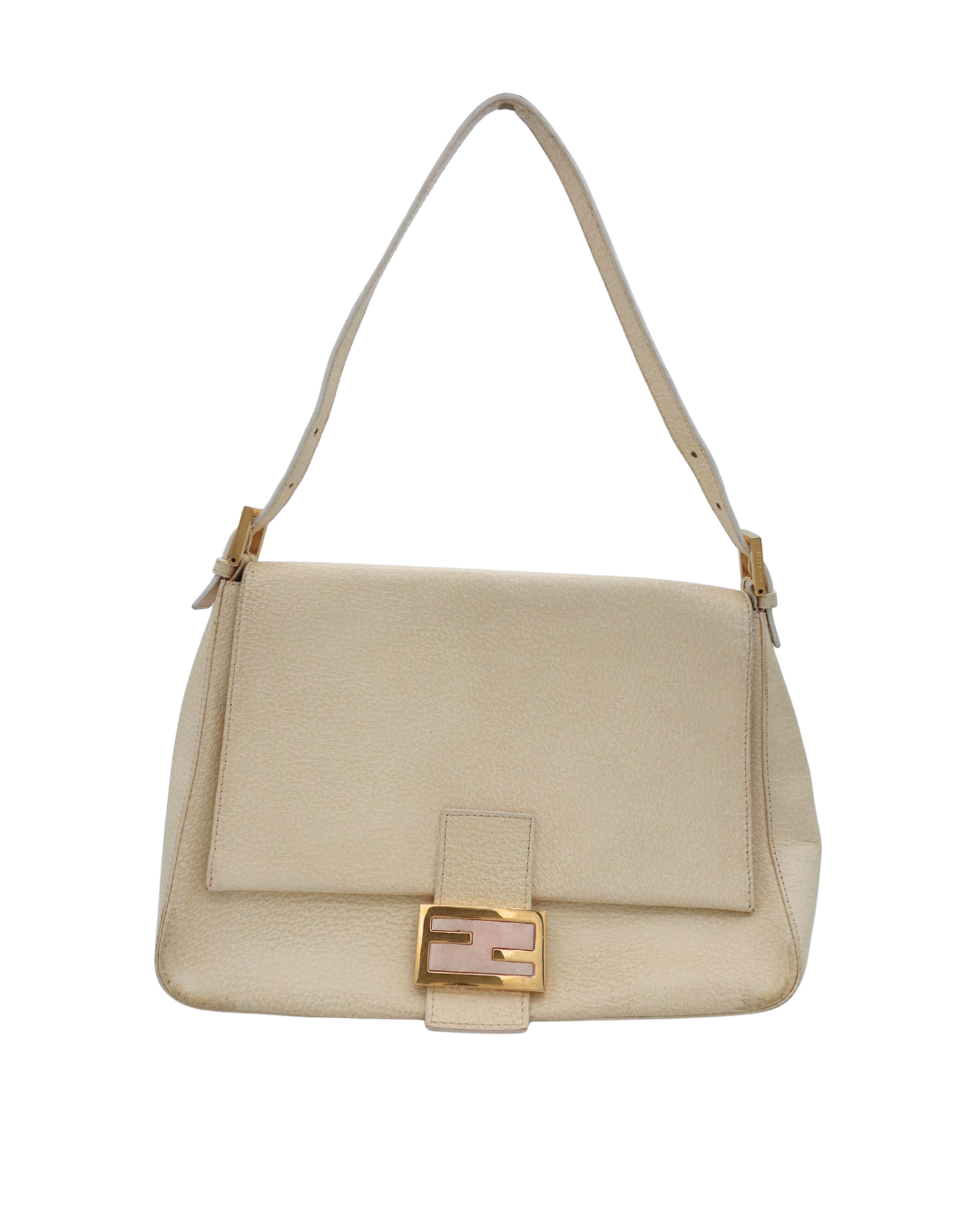 Fendi Mama Baguette Cream Speckled Leather Shoulder Bag with Pink and Gold Buckle