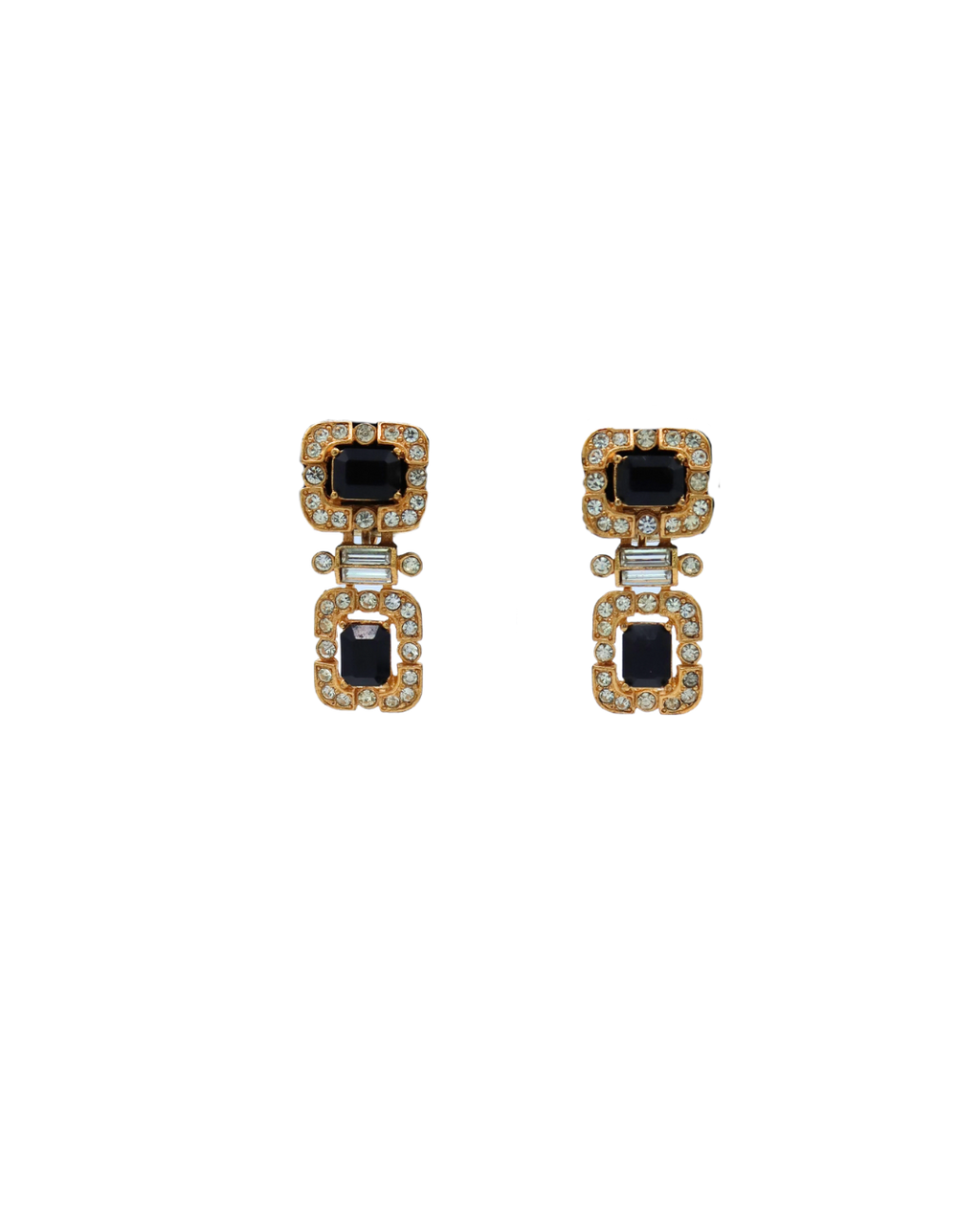 Nina Ricci Vintage Black Crystal Gold-Tone Drop Clip On Earrings