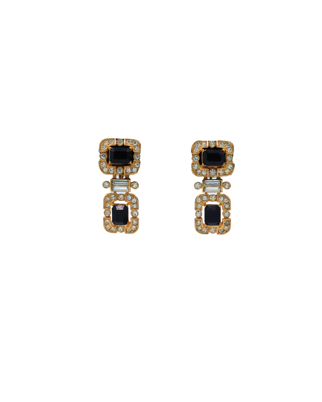 Nina Ricci Vintage Black Crystal Gold-Tone Drop Clip On Earrings