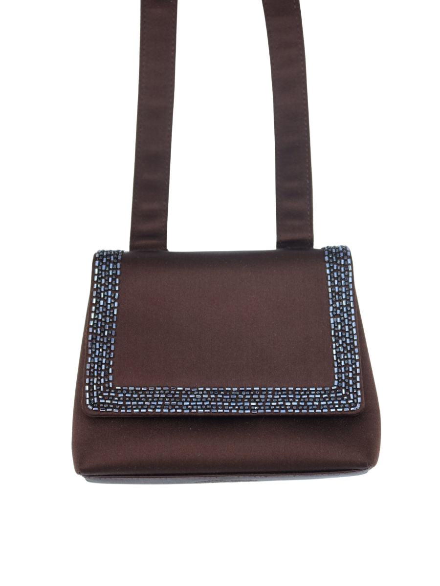 Chanel Vintage Brown Satin Beaded Shoulder Bag 1997-1999