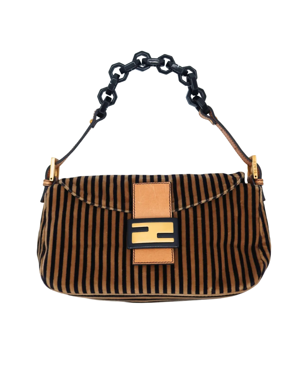 Fendi Velvet Black Beige Striped Baguette Bag