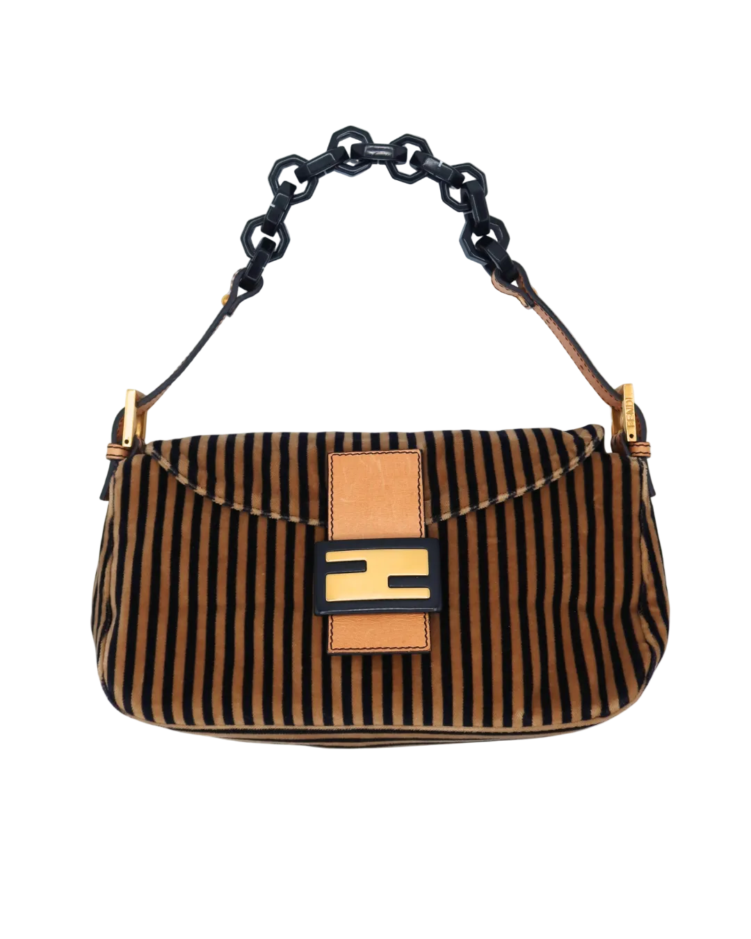 Fendi Velvet Black Beige Striped Baguette Bag