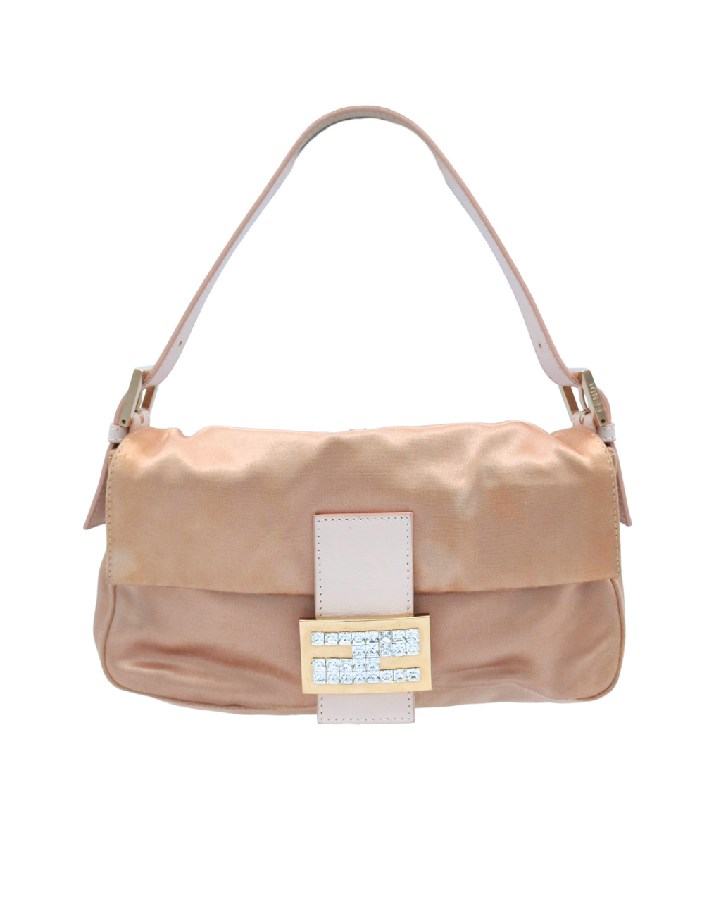 Fendi Baguette Shoulder Bag Pink Satin w/ Leather Straps & Rhinestone Hardware