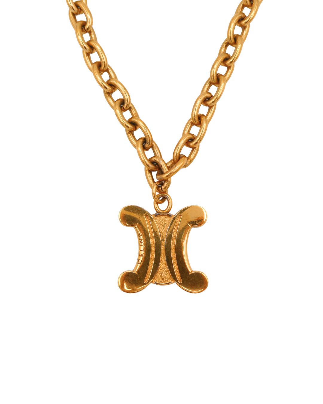 Celine Vintage Gold Tone Blazon Triomphe Logo Pendant Necklace