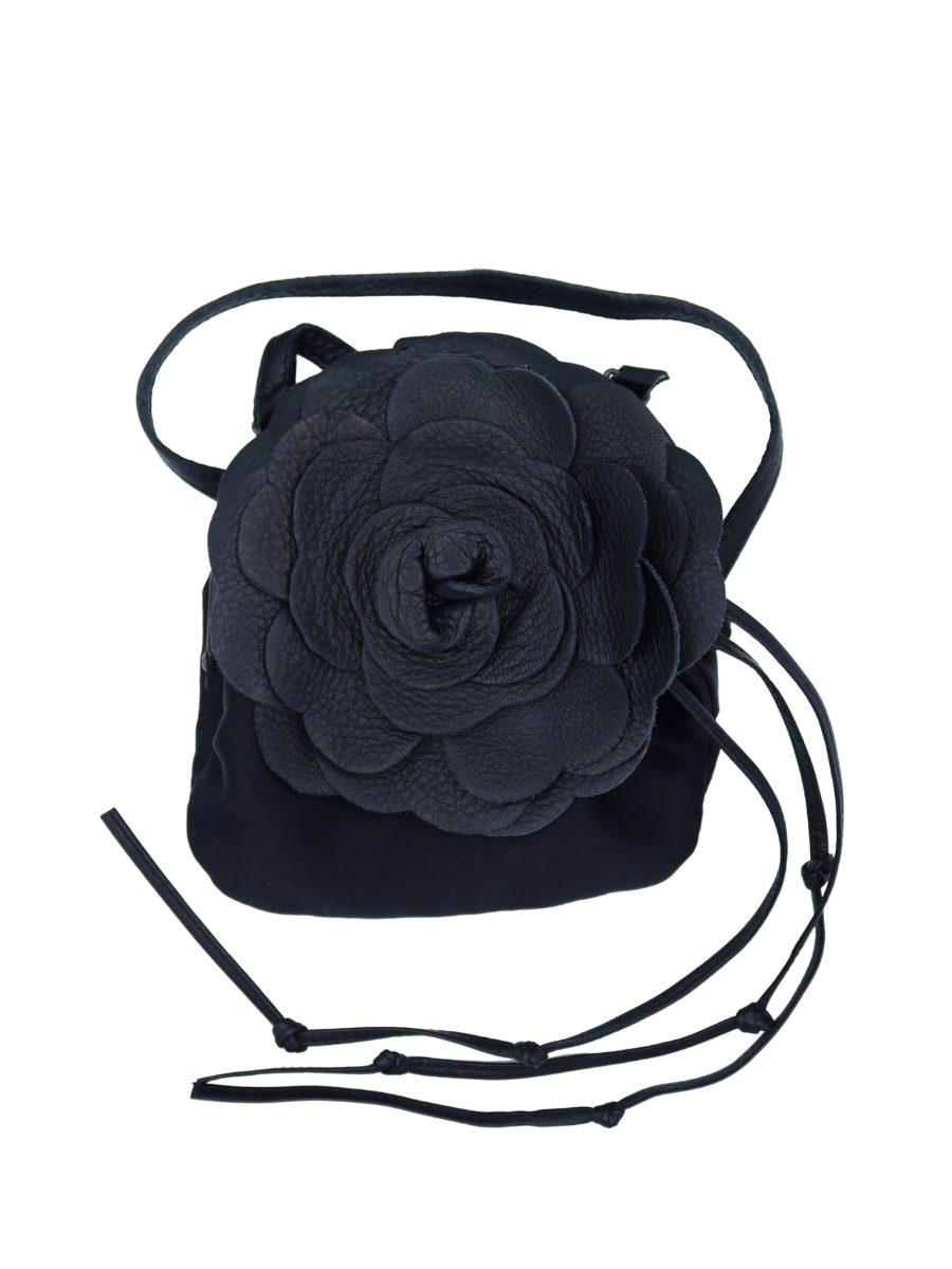 Bottega Veneta Vintage Black Leather and Satin Flower Clasp Shoulder Bag