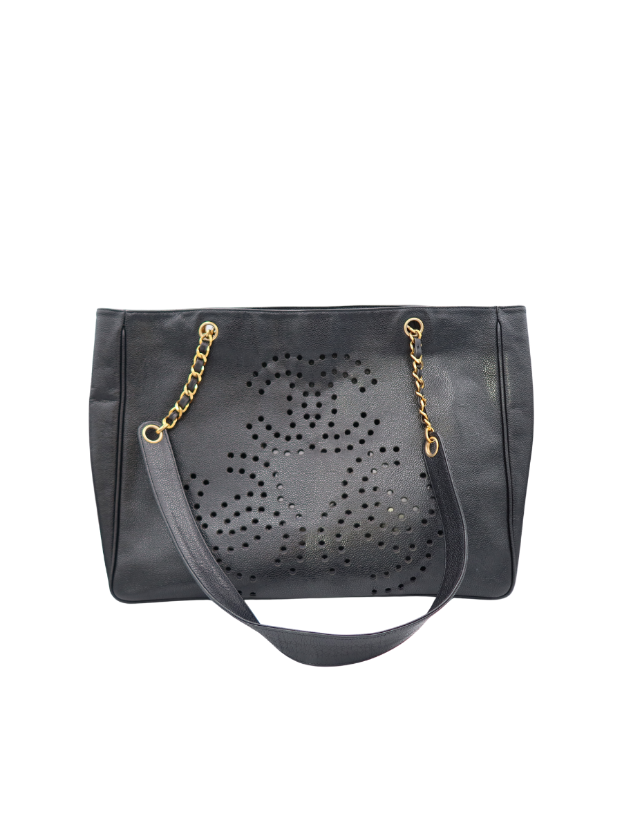 Chanel Vintage Triple CC Perforated Black Caviar Leather Tote Bag 1999-2001