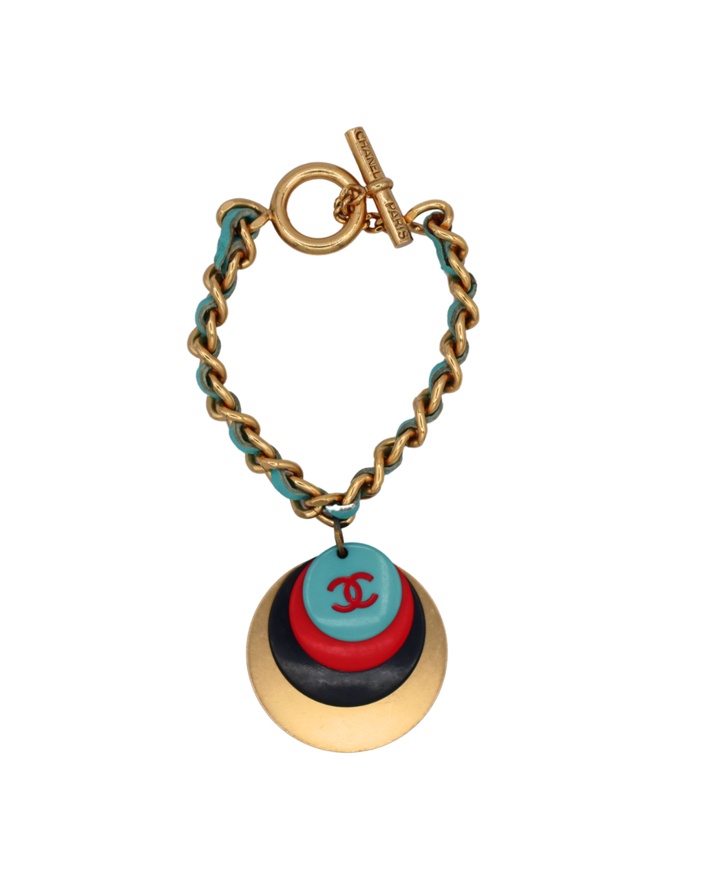 Chanel Vintage Gold Plated CC Medallion Aqua Leather Chain Bracelet