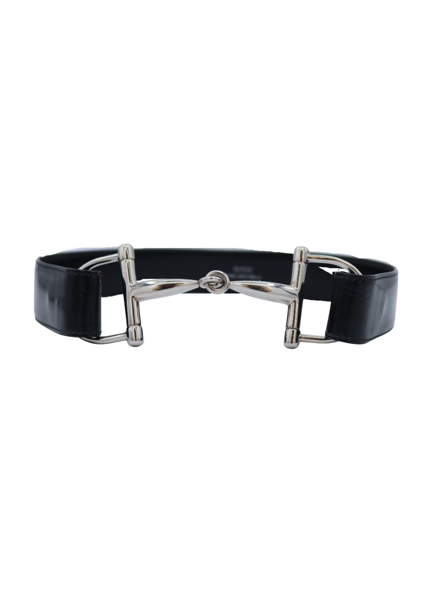 Gucci Vintage Black Leather Silver Horsebit Belt