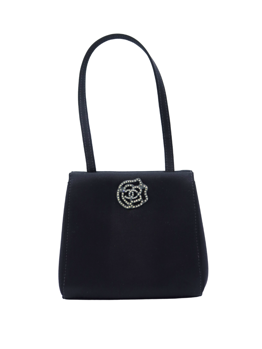 Chanel Vintage Black Satin Small Evening Bag with Crystal Camellia 2000-2002