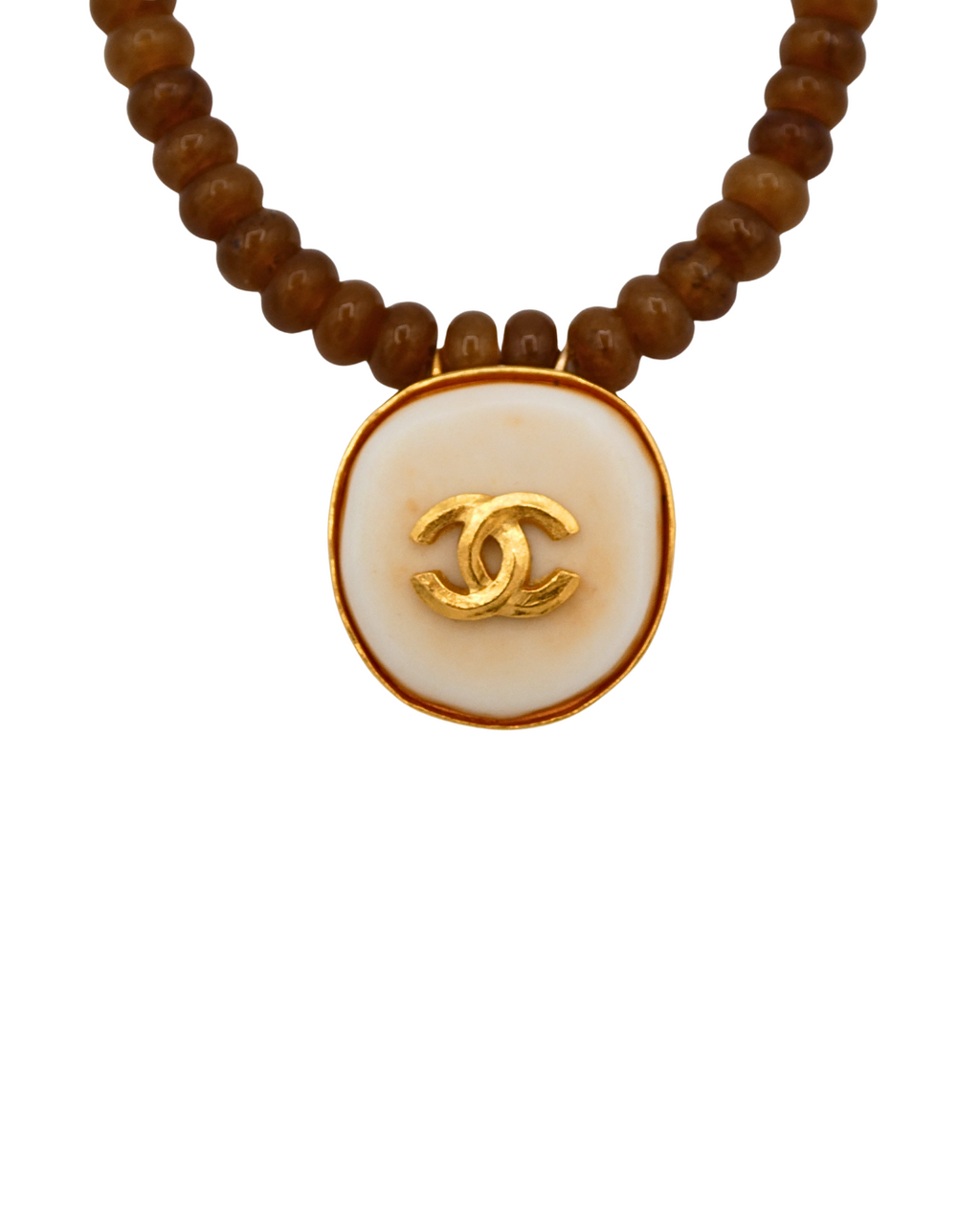 Chanel Reworked Brown Beaded Necklace with Chanel Charm