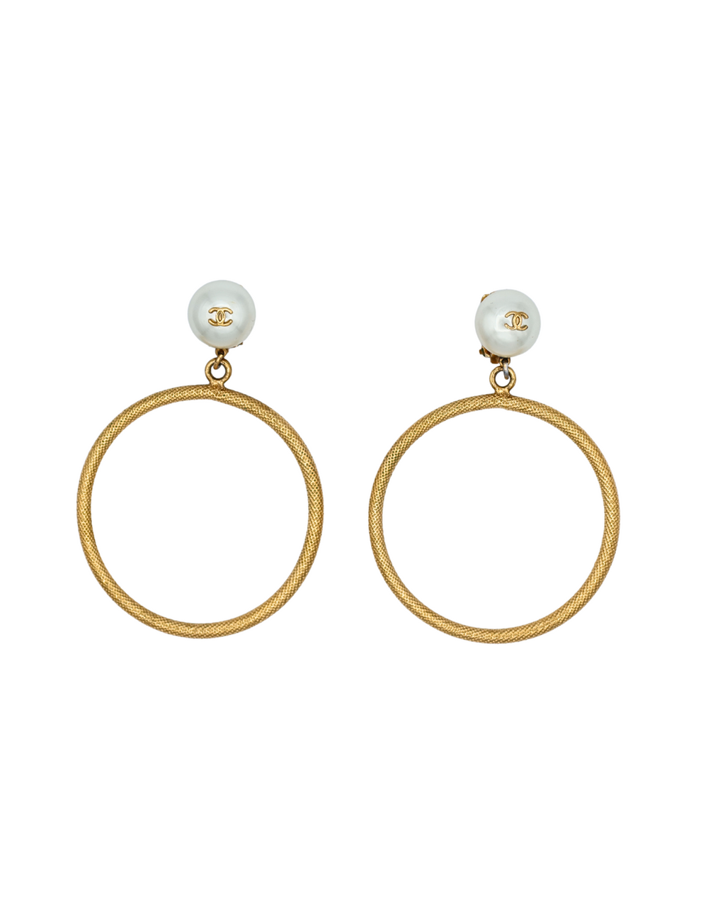 Chanel Vintage Gold Plated Hoop Clip On Earrings with Faux Pearl