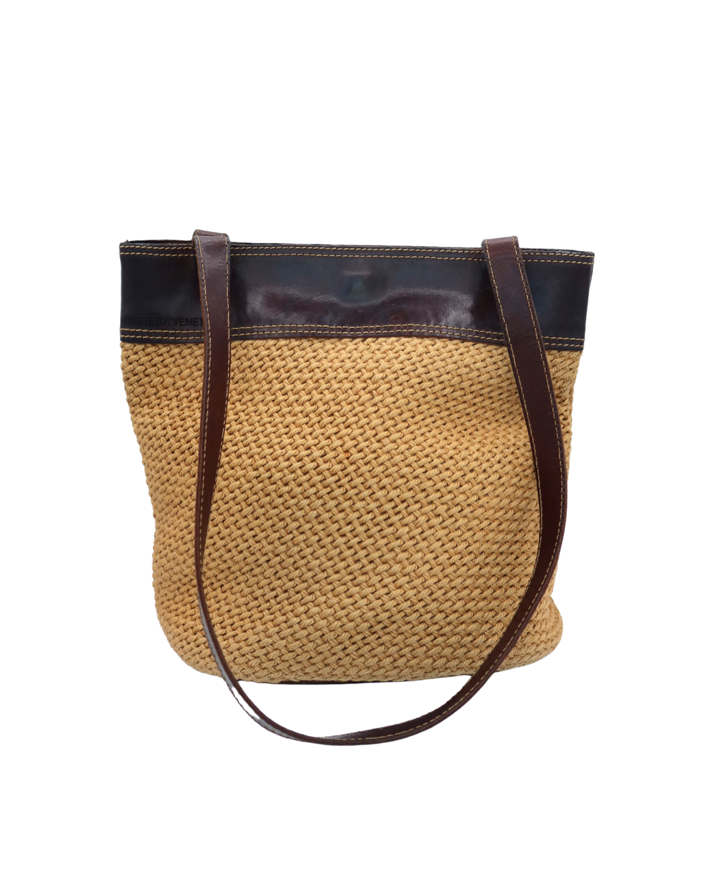Bottega Veneta Vintage Woven Straw and Brown Leather Tote Bag