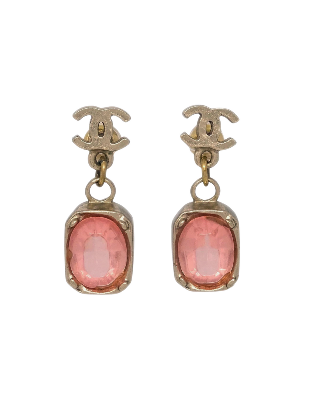 Chanel Gold CC Earrings with Pink Crystal Drop