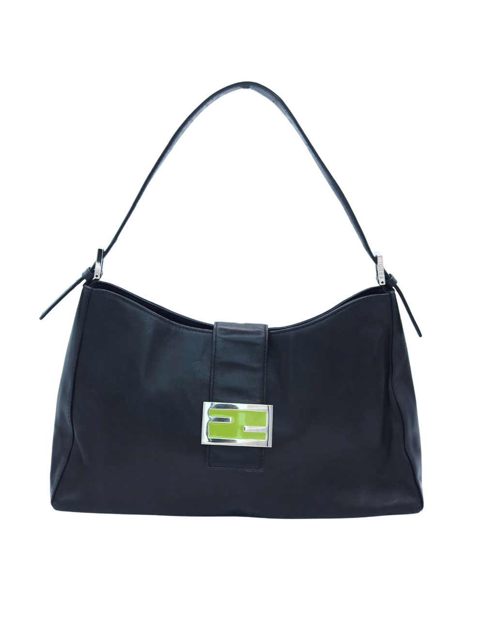 Fendi Vintage Black Leather Shoulder Bag with Green Buckle