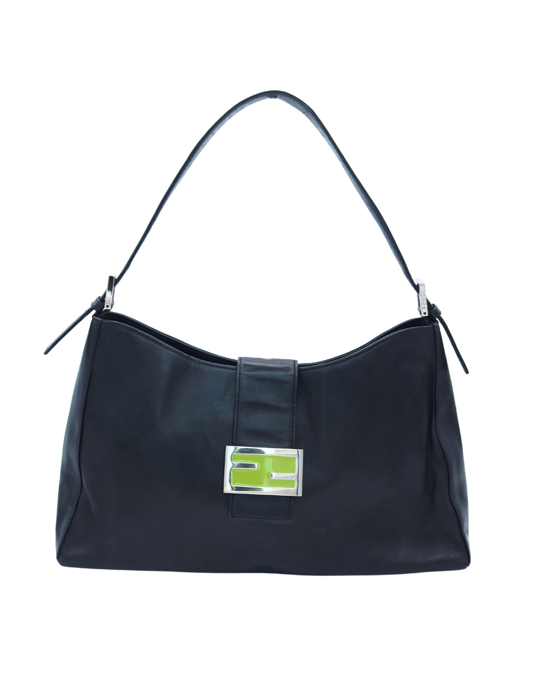 Fendi Vintage Black Leather Shoulder Bag with Green Buckle