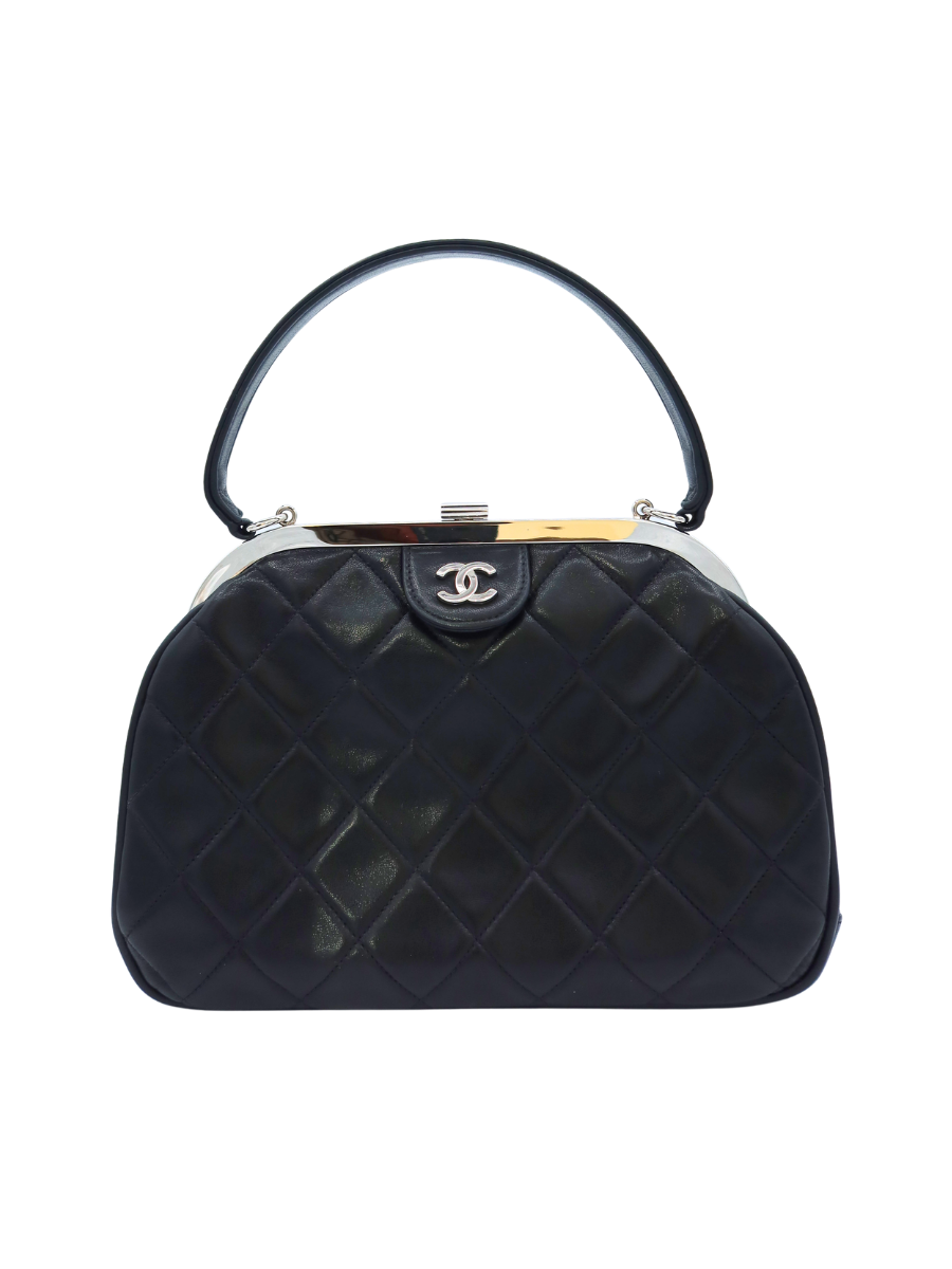 Chanel Vintage Black Quilted Lambskin Kiss Lock Frame Top Handle Bag 1996-1997