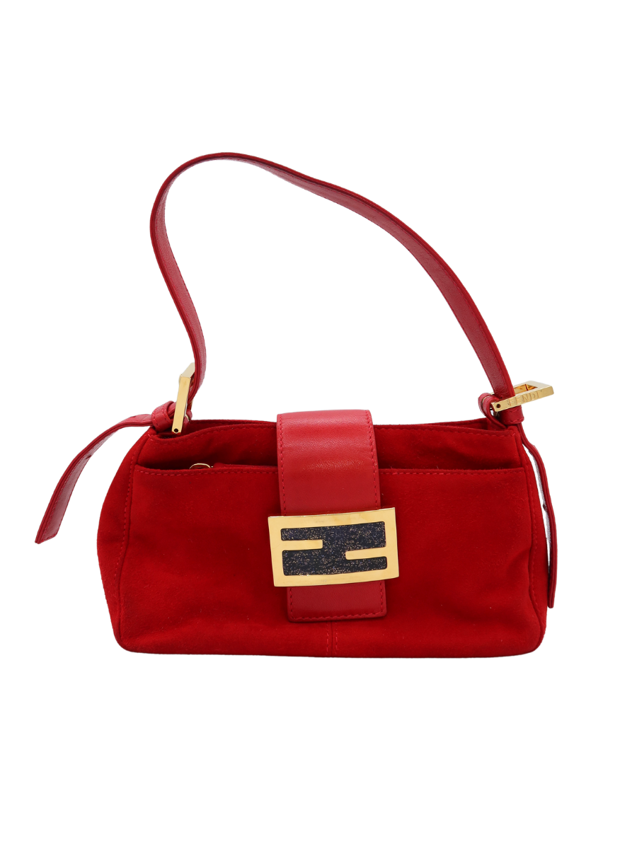 Fendi Vintage Mamma Baguette Red Suede Shoulder Bag with Glitter FF Buckle