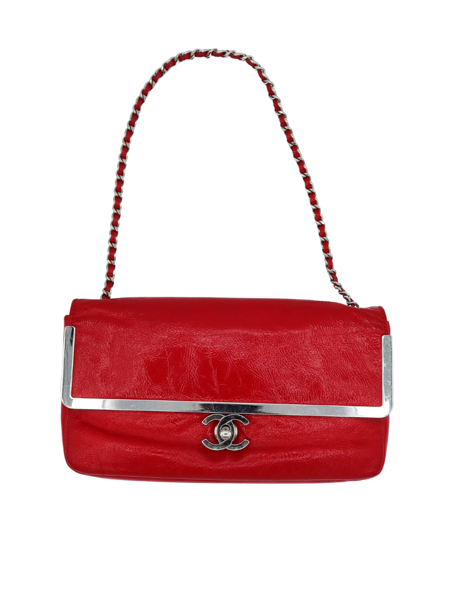 Chanel Vintage Red Crinkled Patent Leather Frame Flap Bag with Silver Hardware 2006-2008