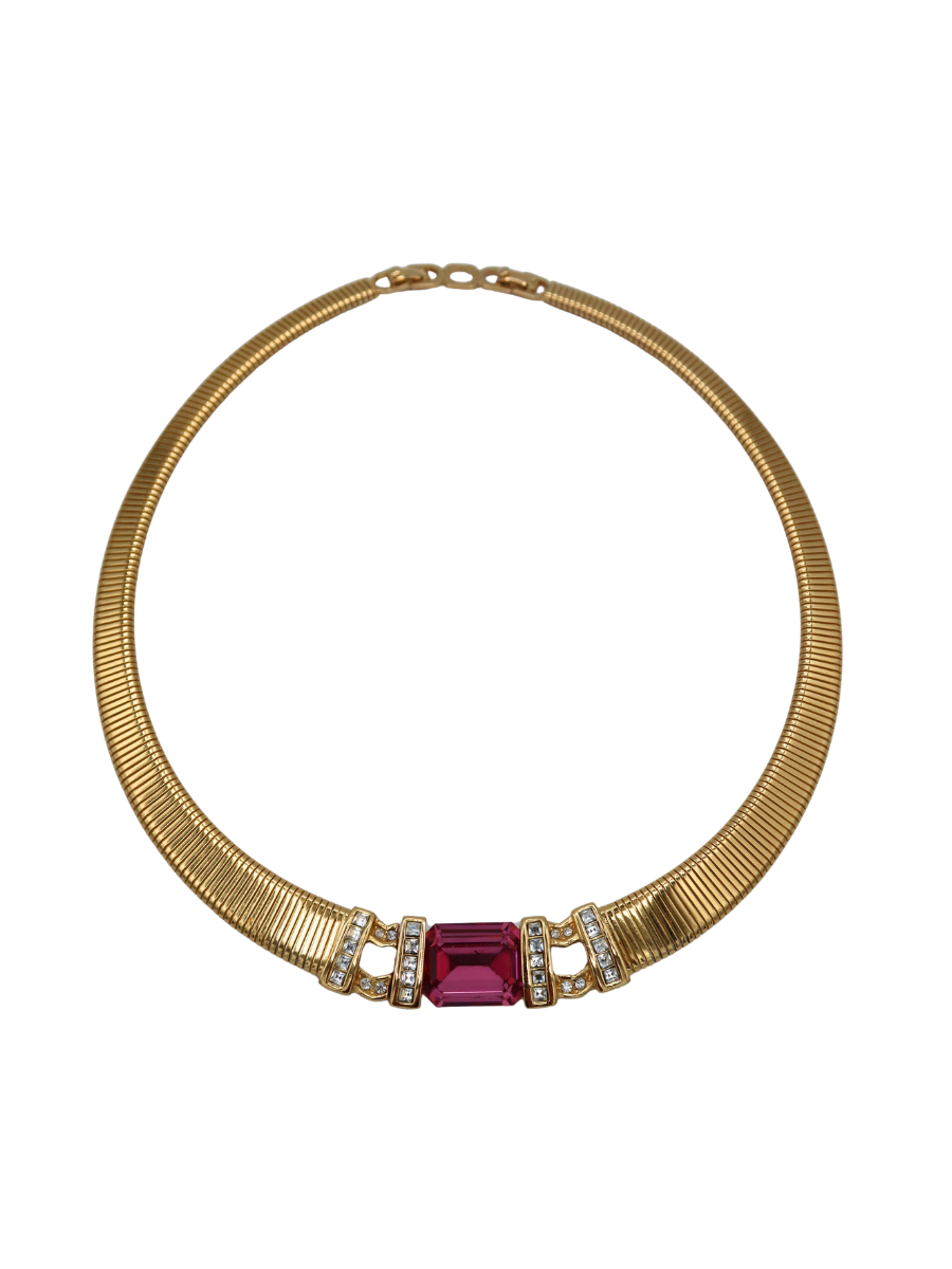 Christian Dior Vintage Gold-Tone Collar Necklace with Pink Crystal