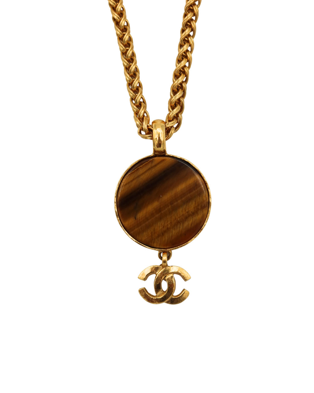 Chanel Vintage Tiger’s Eye CC Pendant Gold-Tone Necklace 95A