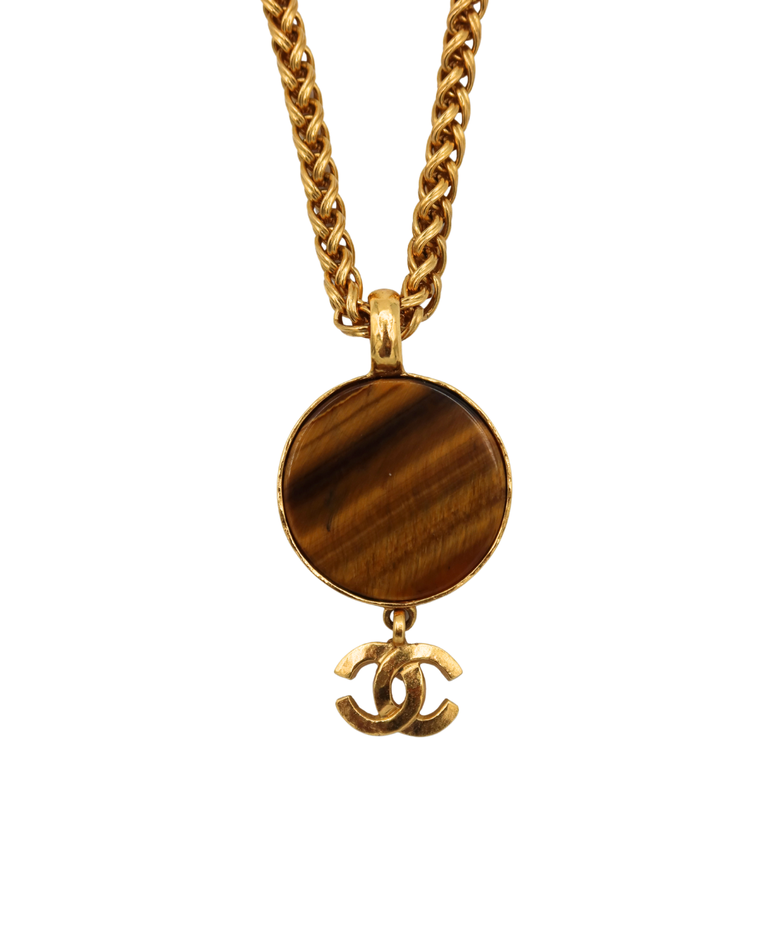 Chanel Vintage Tiger’s Eye CC Pendant Gold-Tone Necklace 95A