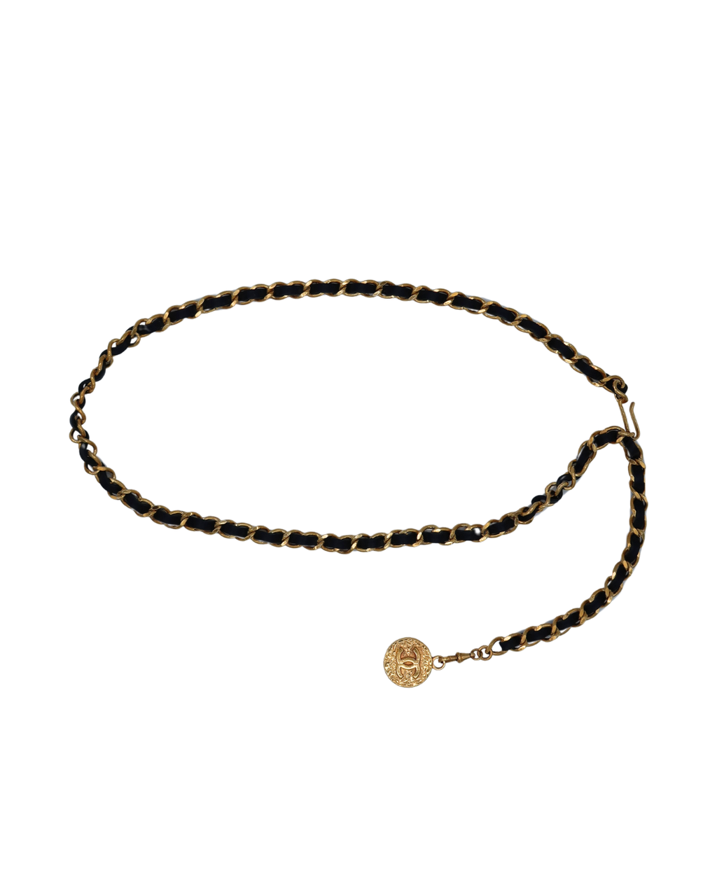 Chanel Black Leather Chain Belt with Coco Mark Medallion