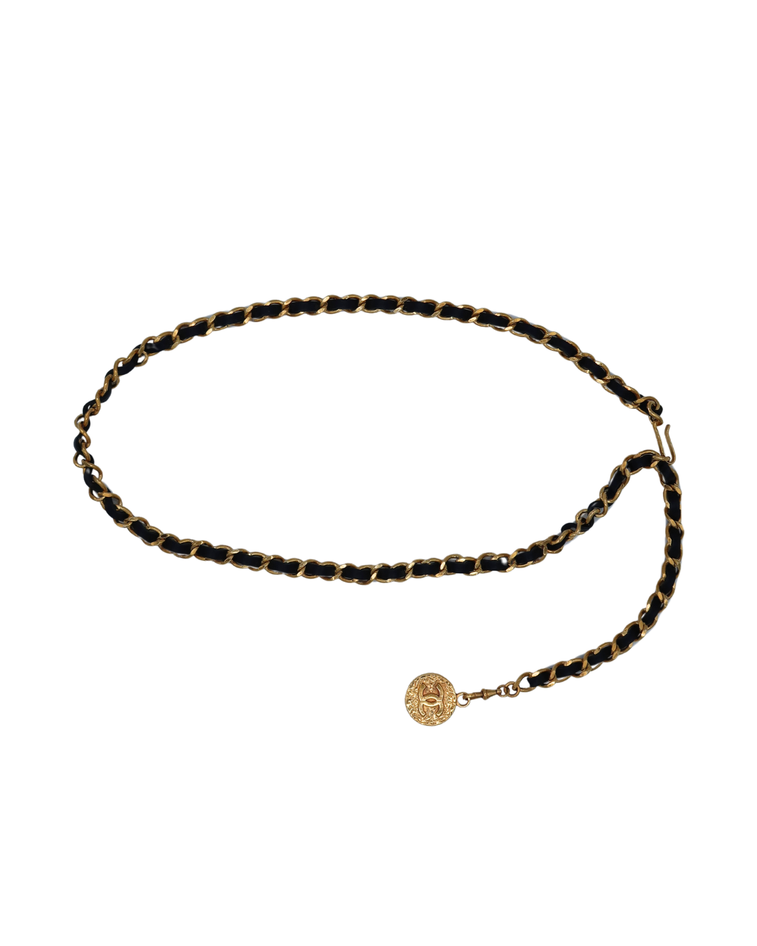 Chanel Black Leather Chain Belt with Coco Mark Medallion