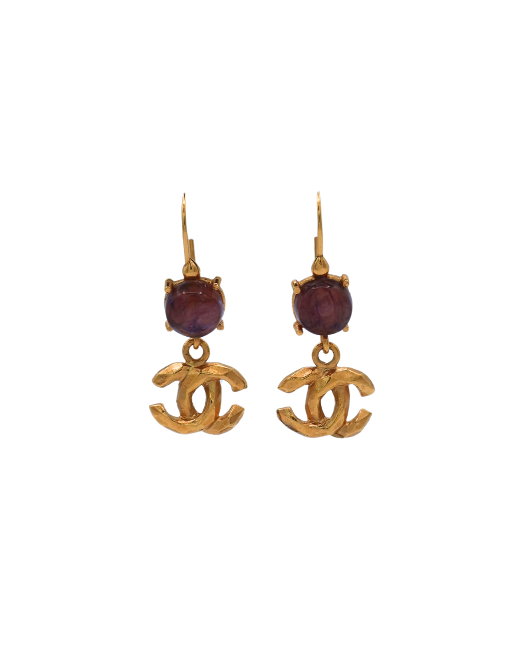 Chanel Vintage Plum Stone CC Drop Gold-Tone Earrings 99P