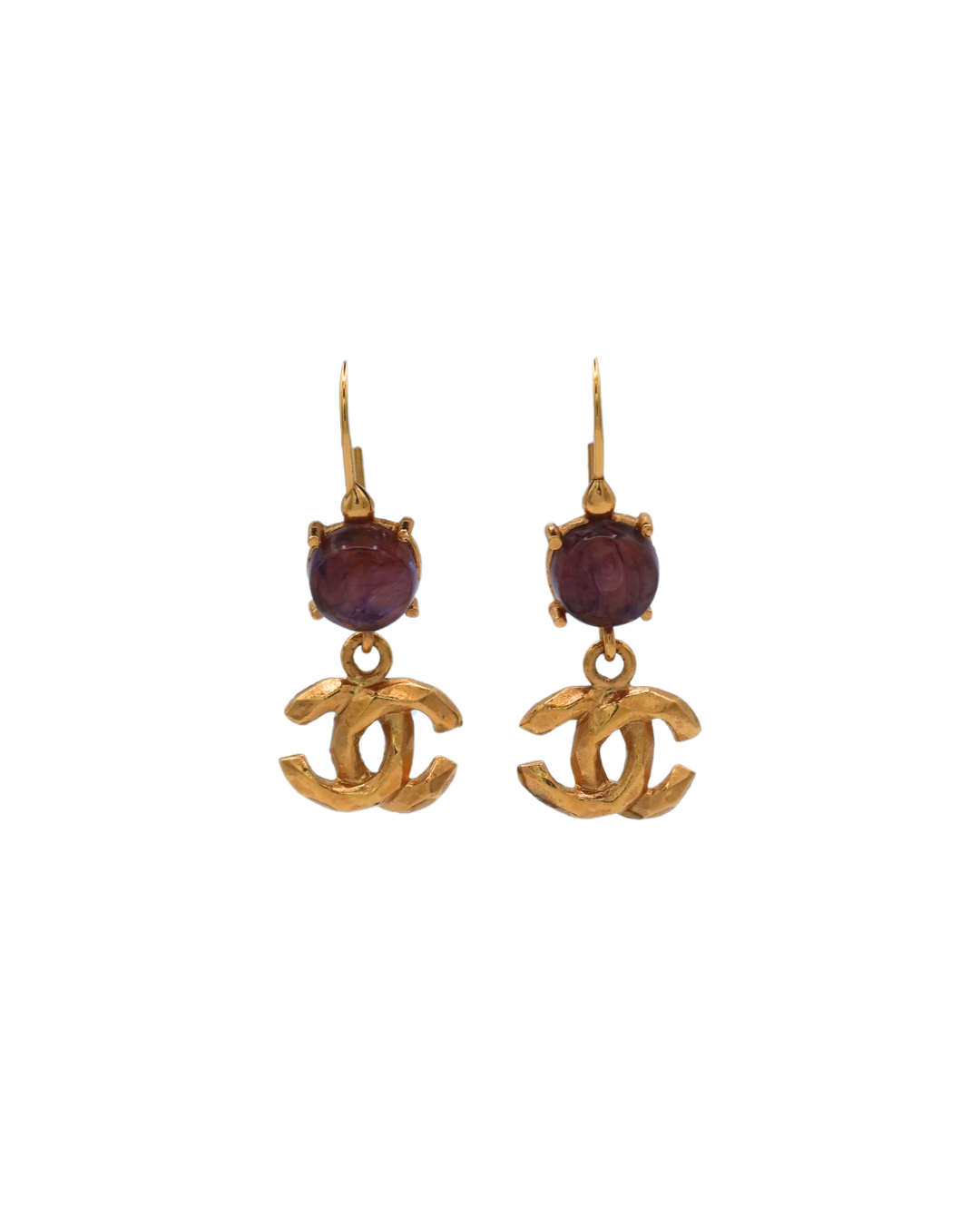 Chanel Vintage Plum Stone CC Drop Gold-Tone Earrings 99P