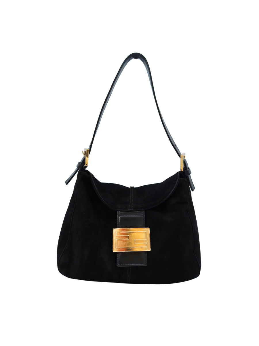 Fendi Vintage Black Suede Mamma Baguette Shoulder Bag Year 2007