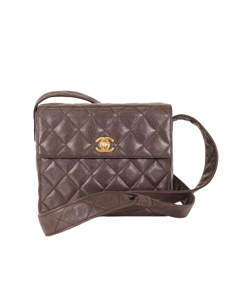Chanel Vintage Brown Quilted Caviar Square Flap Crossbody Bag 1996-1997