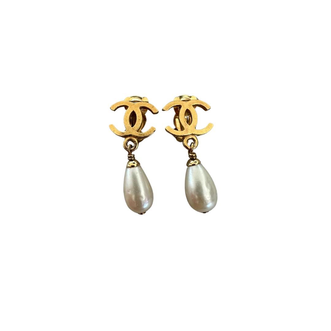 Chanel CC Mark Drop Pearl Clip On Earrings