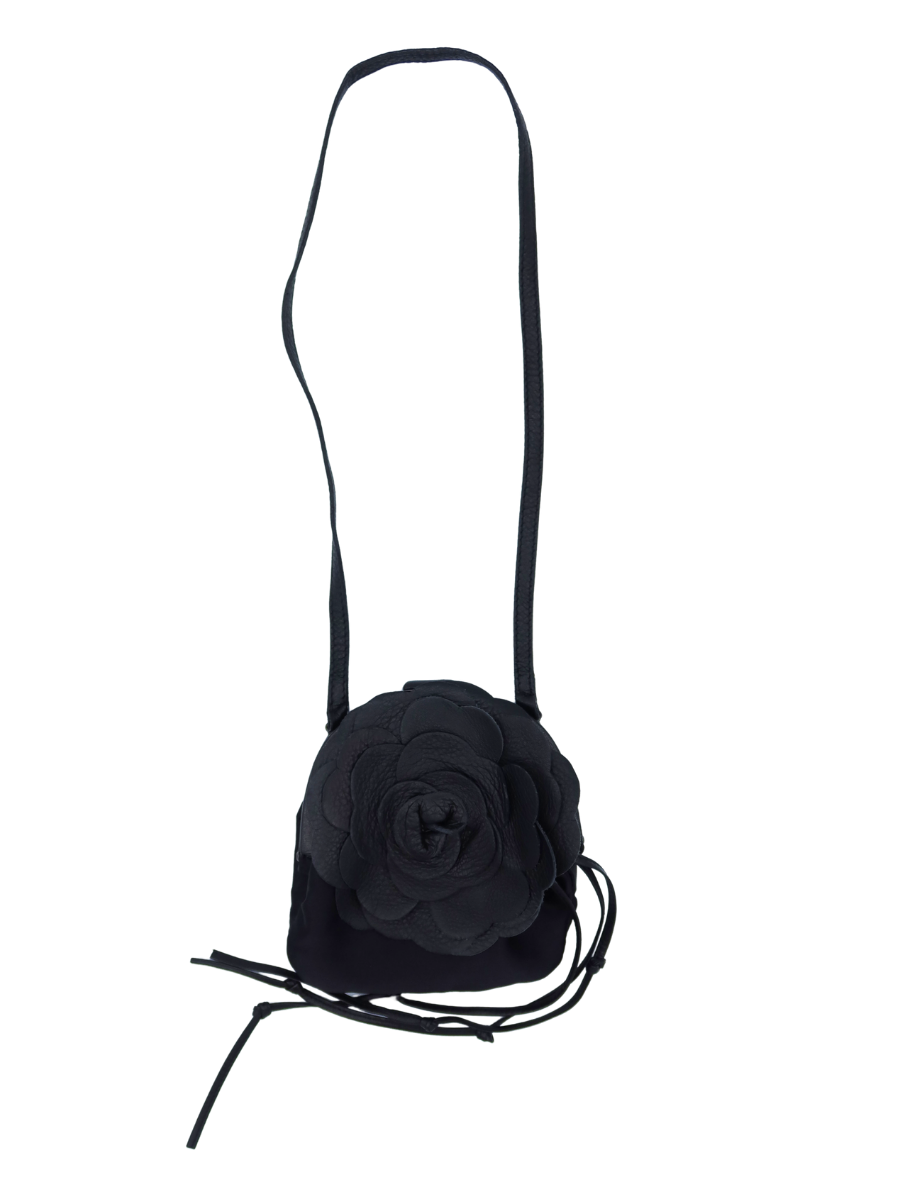 Bottega Veneta Vintage Black Leather and Satin Flower Clasp Shoulder Bag