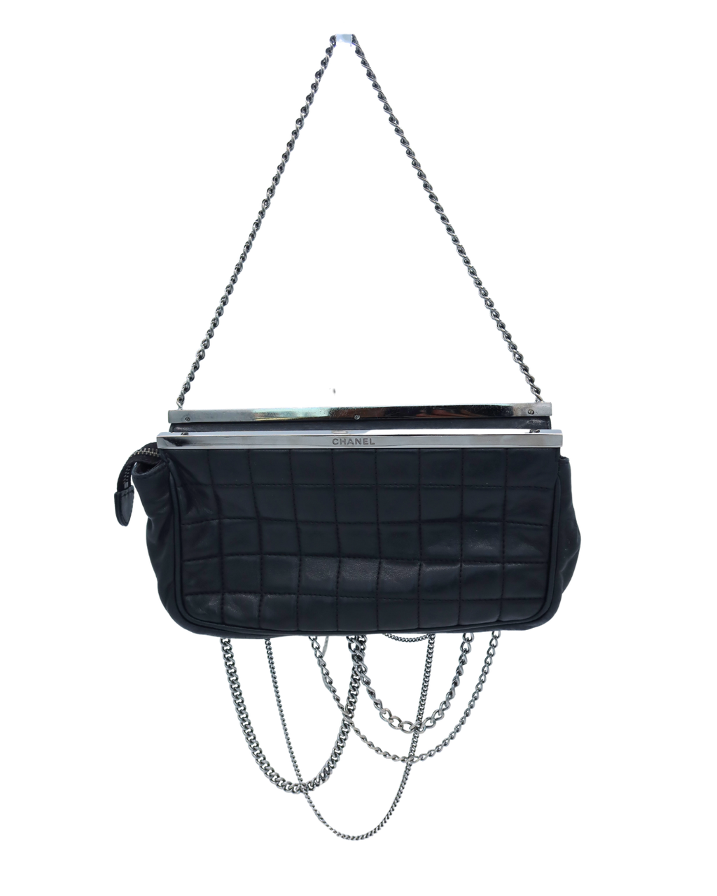 Chanel Multi Chain Black Chocolate Bar Quilted Leather Frame Clutch